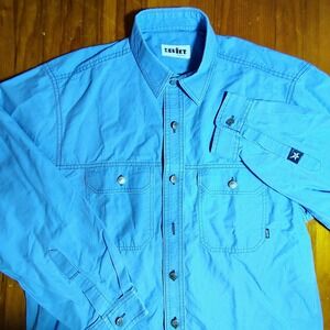 Soviet Vintage Style Workwear Shirt Mens Small Button Up Blue Star‎ Detail